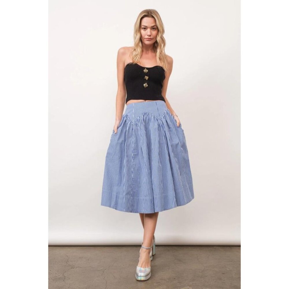 Vintage-Style Blue Gingham Midi Skirt – A-Line Full Gathered Waist